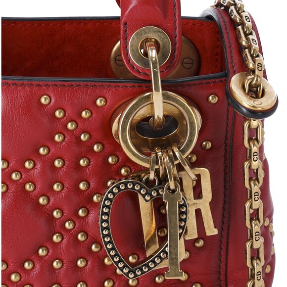 Christian Dior Lady Dior Mini Bag Handbag Red Gold Leather Studded - Picture 3 of 10